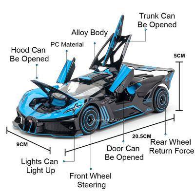 1:24 Scale Bolide Atlantic Car Model Toy Metal Body Doors Opened Pull Back Music Light Vehicle Models for Boy Birthday Gifts