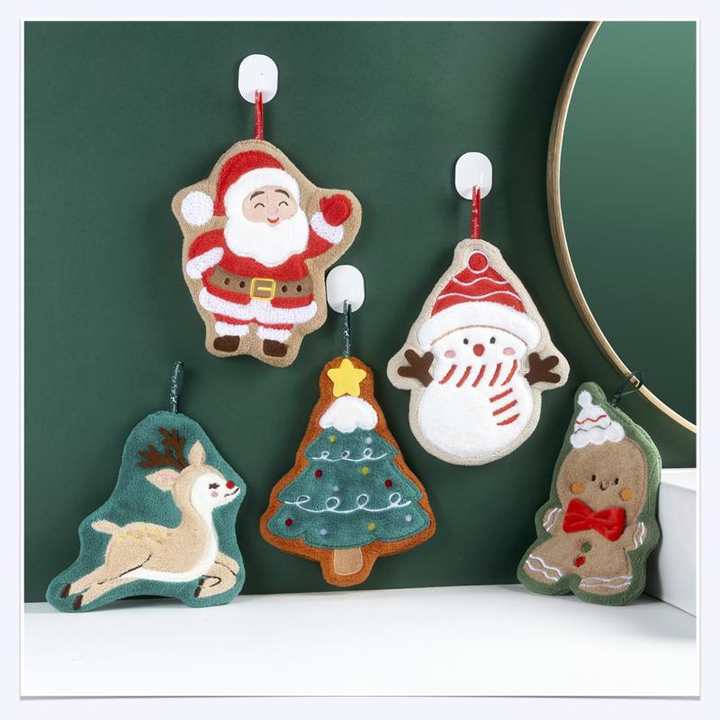 Christmas Hand Towel Kitchen Absorbent Cleaning Cloth Hanging Quick Drying Rag Bathroom Snowman Santa Claus Hand Cloth