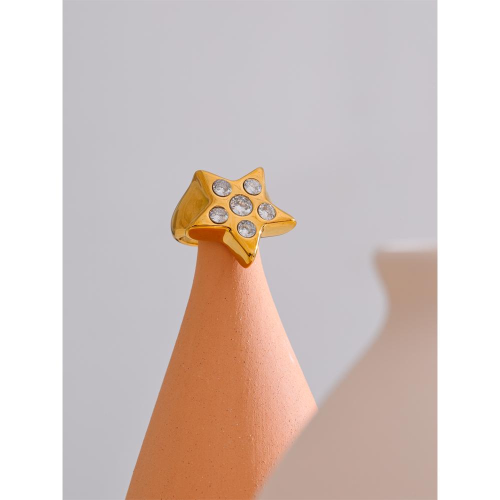 Yhpup Thicker Metal Pentagram Star Cubic Zirconia Ring 18K Gold Color Plated Fashion Statement Jewelry