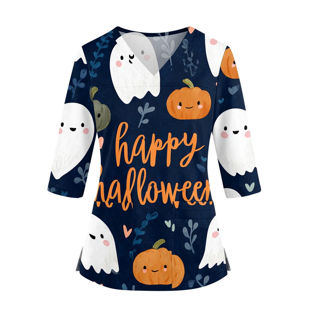 Top da Donna con Stampa di Halloween Scollo a V Manica a Tre Quarti con Tasche Spacchi Laterali Camicia da Costume