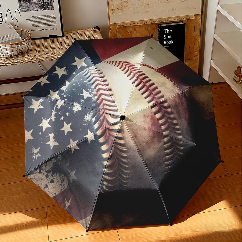 1pc American flag, baseball, and guitar Umbrella Portable Folding Umbrella Iron Frame Hole Bone Structure Outdoor Home Umbrella