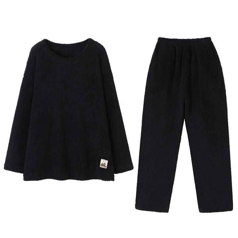Pyjama Damen Winter Halbfleece Set Schwarz Herbst Und Winter Fleece Verdickt Korallenfleece Loungewear