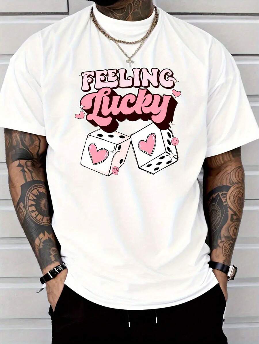 

FeeJIAg Lucky Unisex s White T-Shirt - Retro Style With Pink Heart & Dice Print, Soft & Breathable Fabric XL