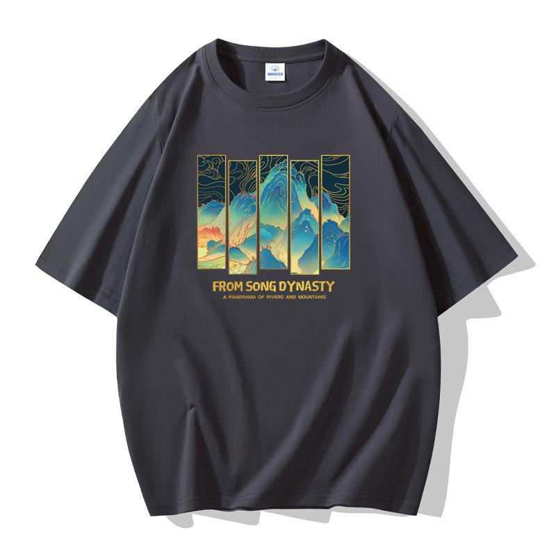 Landscape Painting Men Short Sleeves Cotton T-shirt Large Size Loose Tee