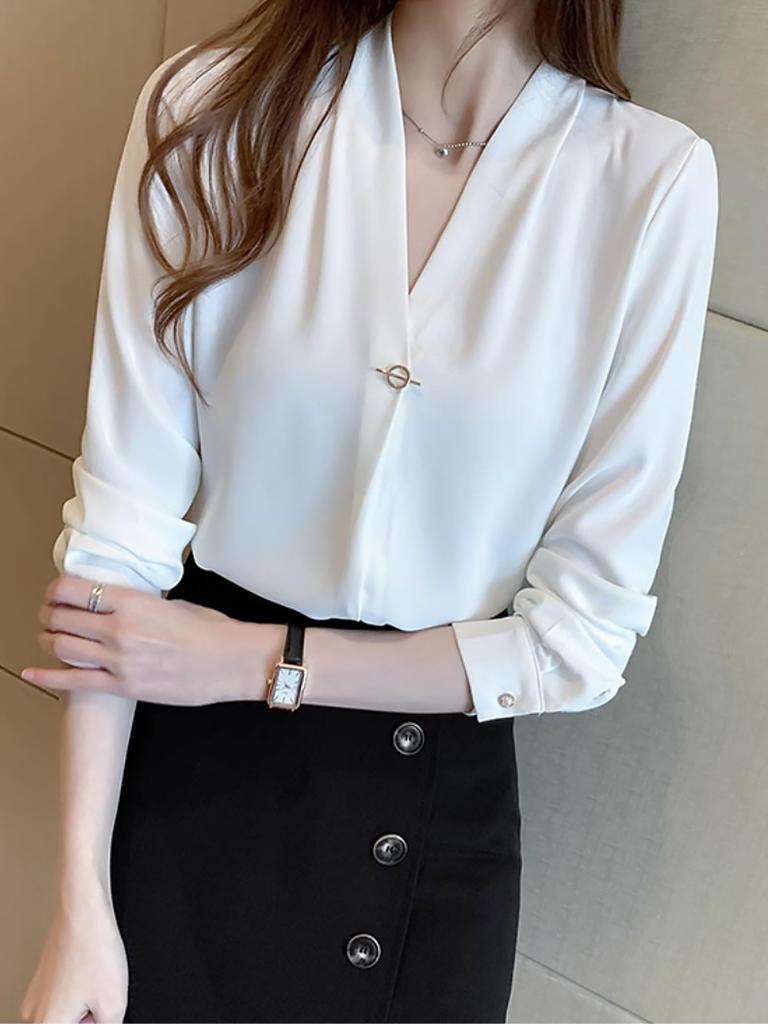 RCL Chiffon Shirt Long Loose Plus No Solid Women's Blouse, Sleeve, V-Neck, Fit, Sizes, Iron, Office/Casual Fashion, Flattering, Color, Breathable,