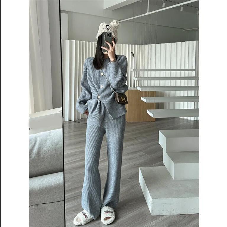 

Весна Осень Женские Элегантные Трикотажные Свитера Брюки Ансамбли Мягкий Свитер Кардиган Топы Костюм Трикотажные Широкие Брюки Повседневный Трикотажный Комплект Из Двух Частей XS серый