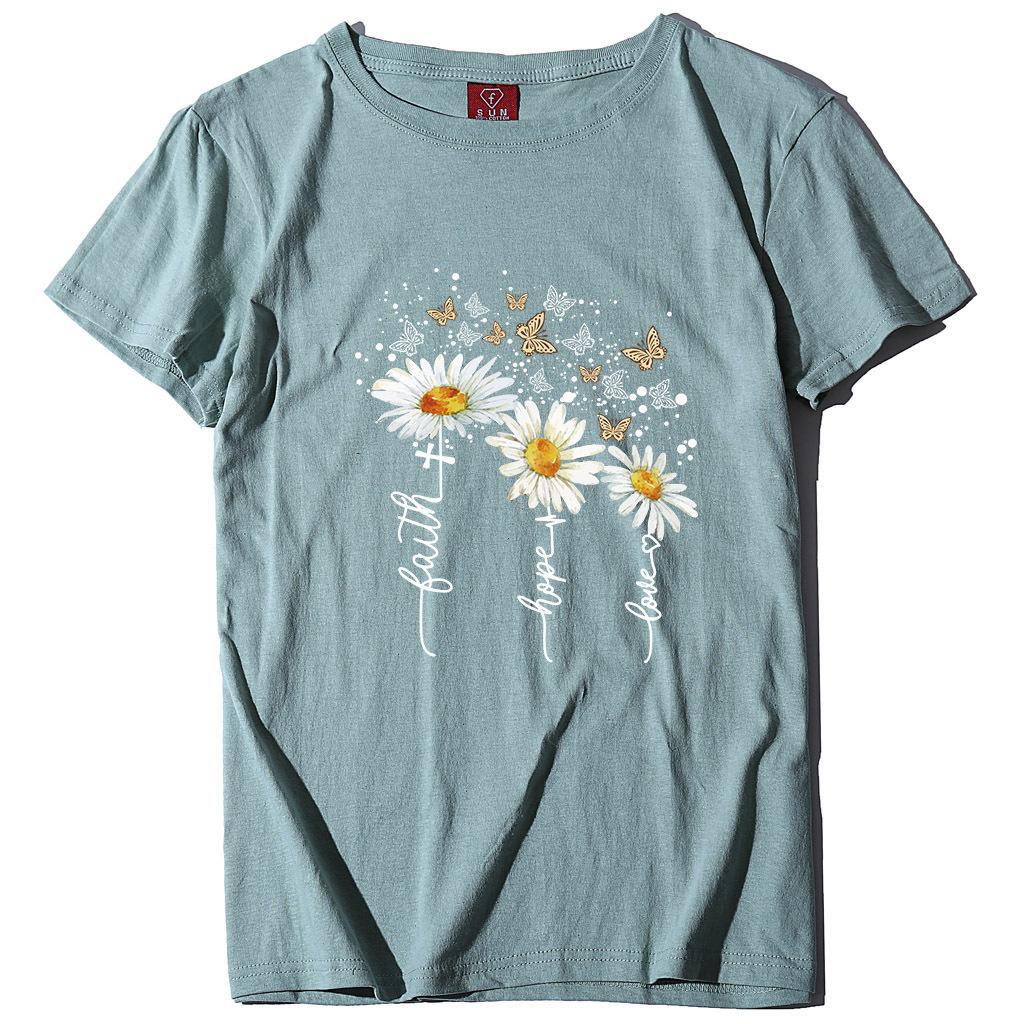 Ležérní tričko s potiskem chryzantémy a motýlů, letní top s krátkým rukávem z čisté bavlny s kulatým výstřihem, dámské