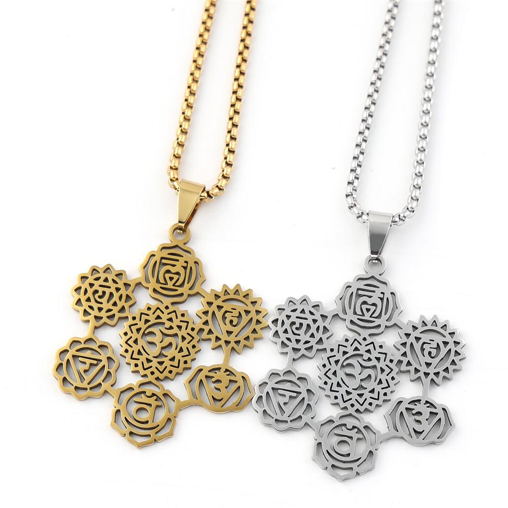 Yoga 7 Chakra Flower Om Aum Symbol Pendant Necklace for Women Men Stainless Steel Gold Color Hindu Reiki Healing Amulet Jewelry