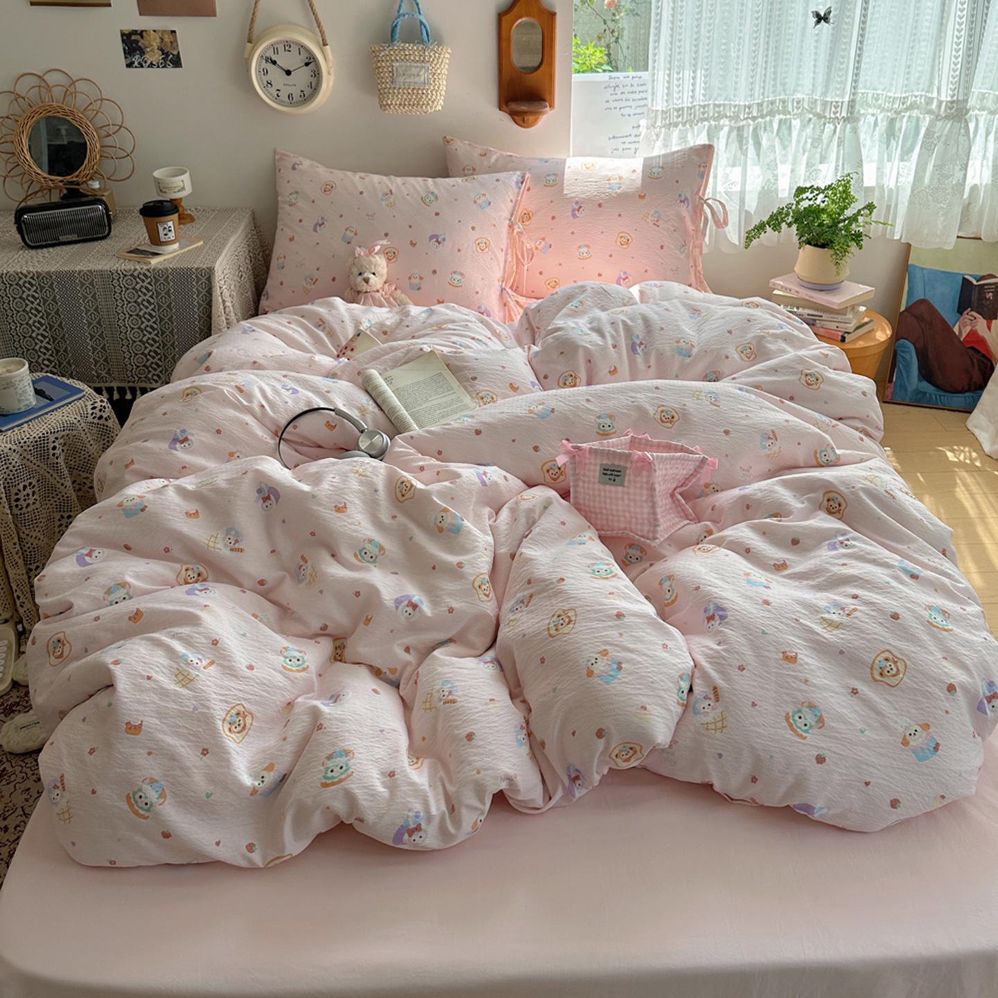 Washed Cotton Crinkled Gauze Cartoon Dormitory Bed Sheets 4-Piece Set 1.2m Sheet Four-Piece Set (Duvet Cover 150x200)