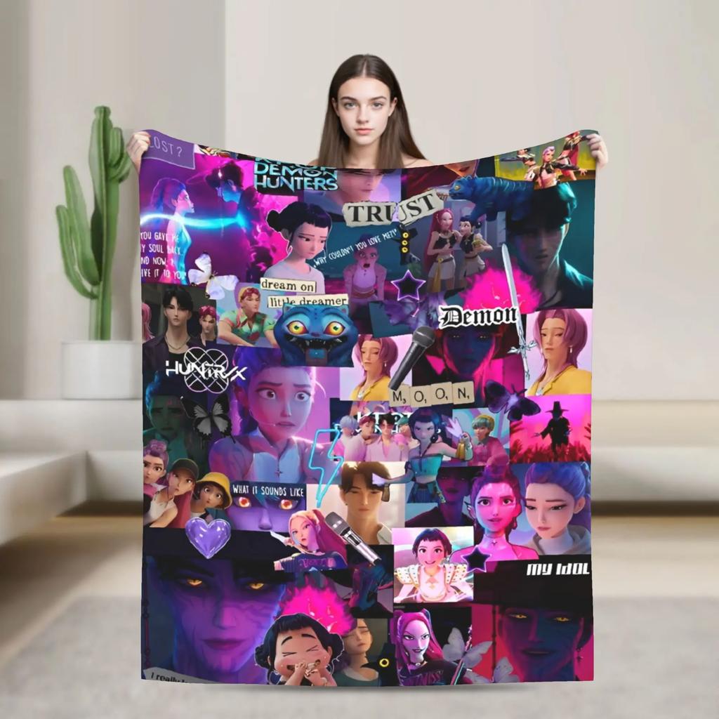 Kpop Demons Huntrix Hunters Flannel Throw Blanket Rumi Mira Joey Creative Bedspread Rug xcm Soft Cozy