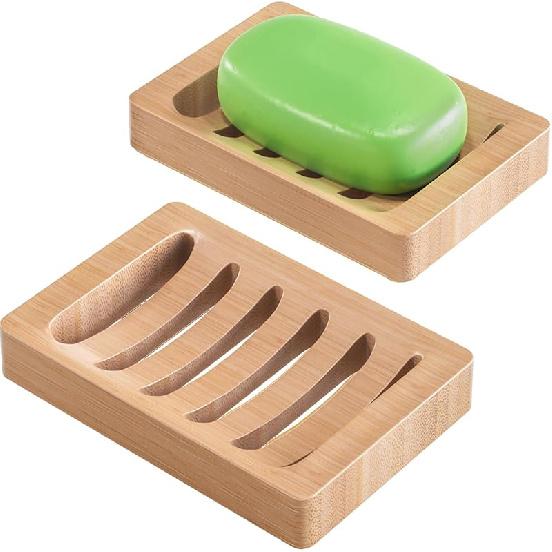 AmazerBath Soap Holder Soap Dish, Bamboo Soap Dish, 2 Pack Wood Bar Soap Holder for Shower, Trays Self Draining, Soap Saver for Shower, Bathroom, естественный