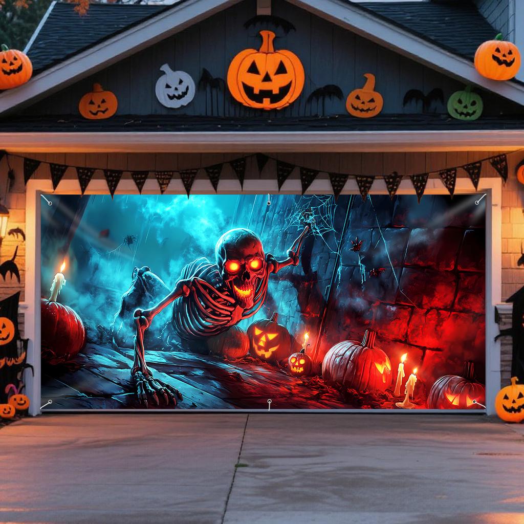 One large-sized Halloween skull scary pumpkin spider and spider web garage door decoration.PMJ