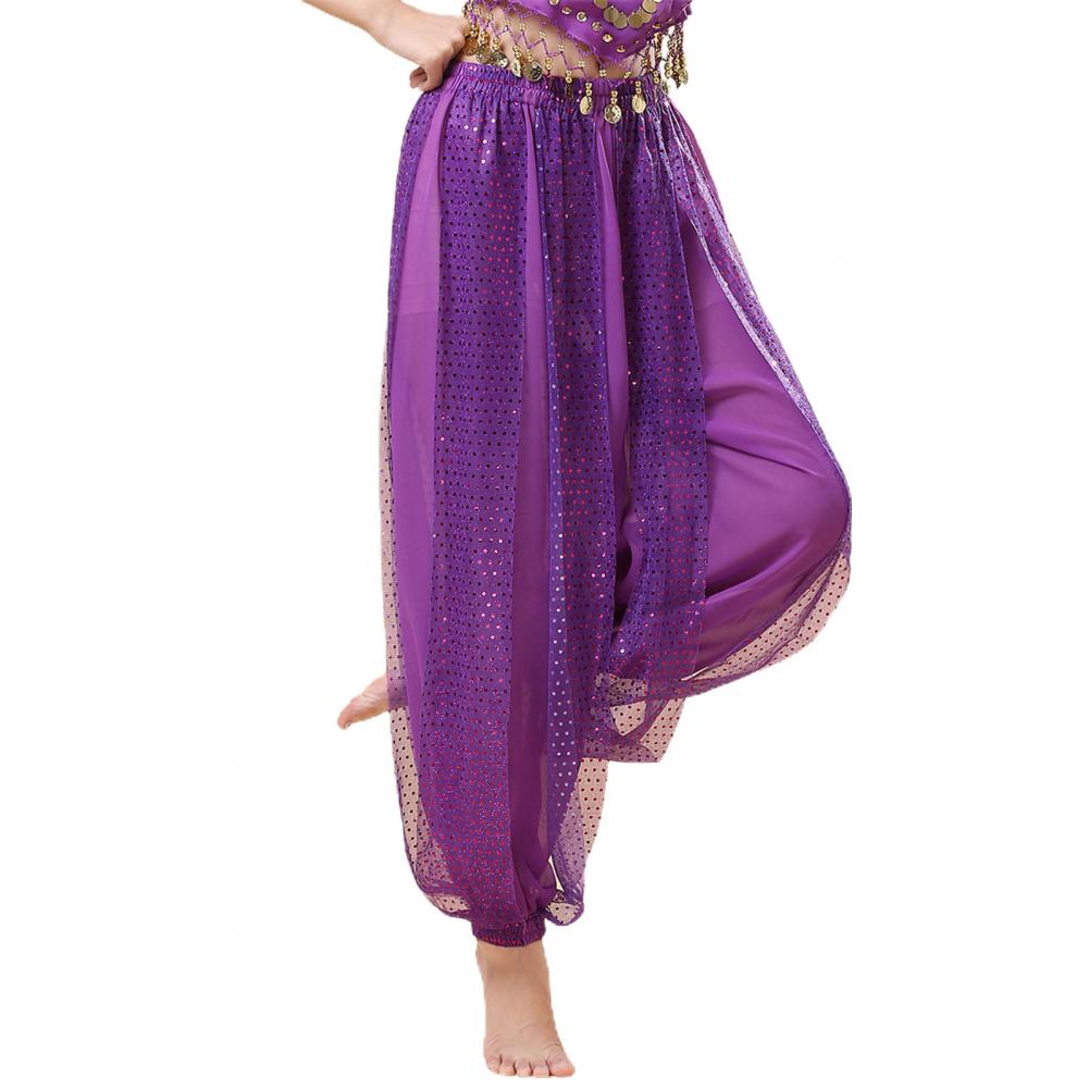 Damen Performance-Hose, elastische hohe Taille, einfarbige Pumphose mit Paillettendekor, Volkstanz, Bauchtanz-Kostümhose für Erwachsene