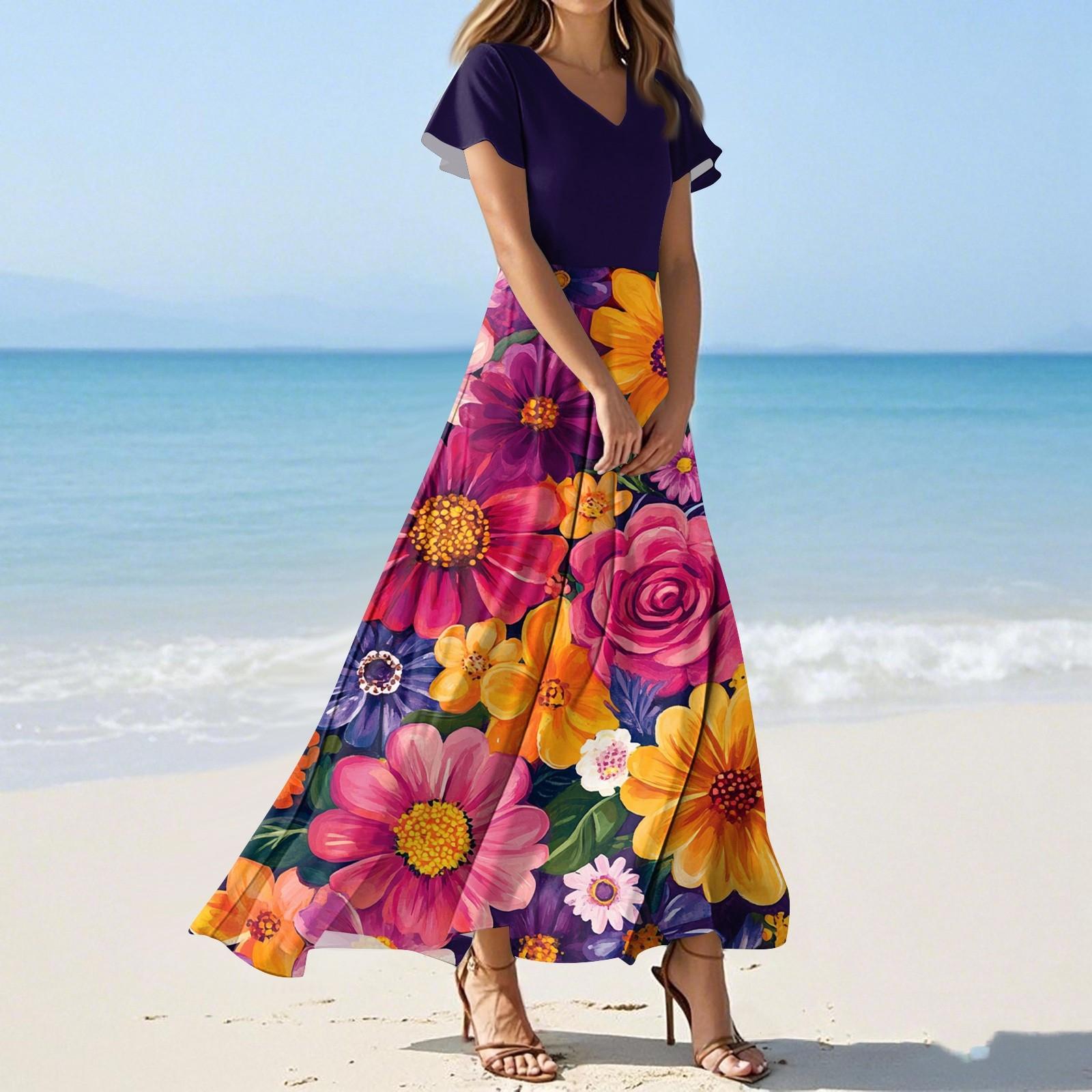 

Женские летние платья Повседневный сарафан Свободные платья с V-образным вырезом и струящимися оборками с короткими рукавами M красный