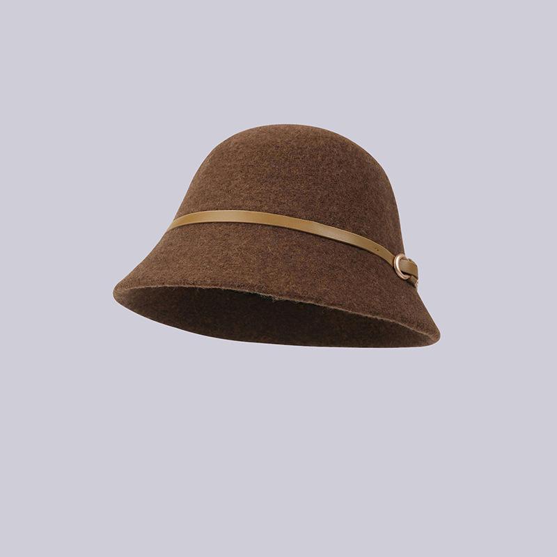 Belt Wool Hat Women's Autumn and Winter Fashion Simple Small Edge Bucket Hat Women's Face Small Dome Basin Hat Versatile