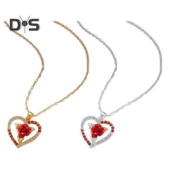 Colier cu strasuri inimă trandafir roșu pandantiv culoare contrastantă aliaj lustruit Simbol al iubirii pasionale bijuterii gât pentru întâlniri Purtare zilnică banchete