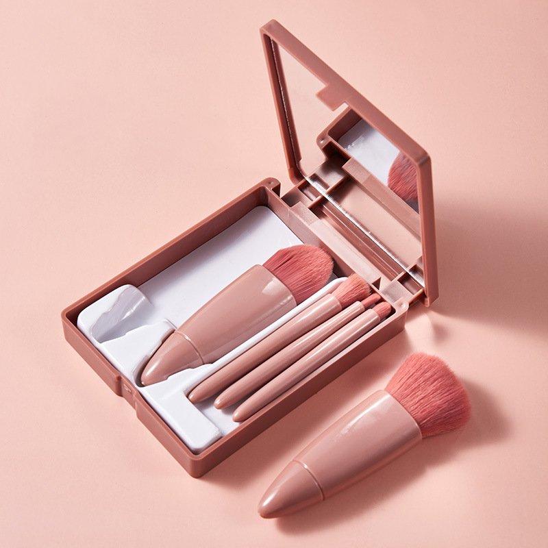Portable Makeup Brush Set 5pcs with Mirror, Soft Powder Foundation Blending Mini Multifunctional Travel Brushes for Women Girls