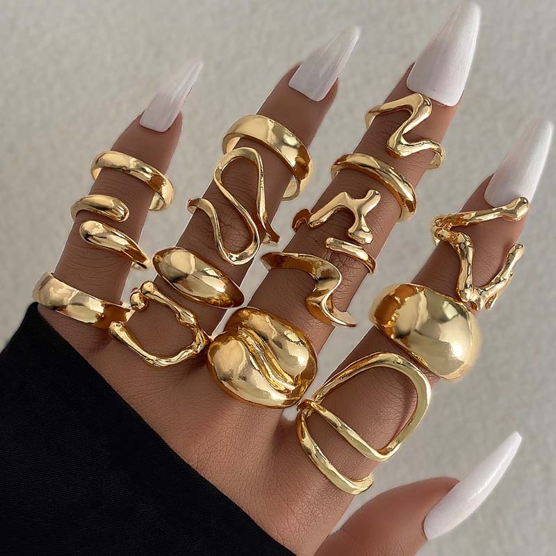 10Pcs/Set Fashion Metal Lava Lines Star Rings Set For Women Exaggerated Gold Color Geometric Smooth Chunky Ring Jewelry