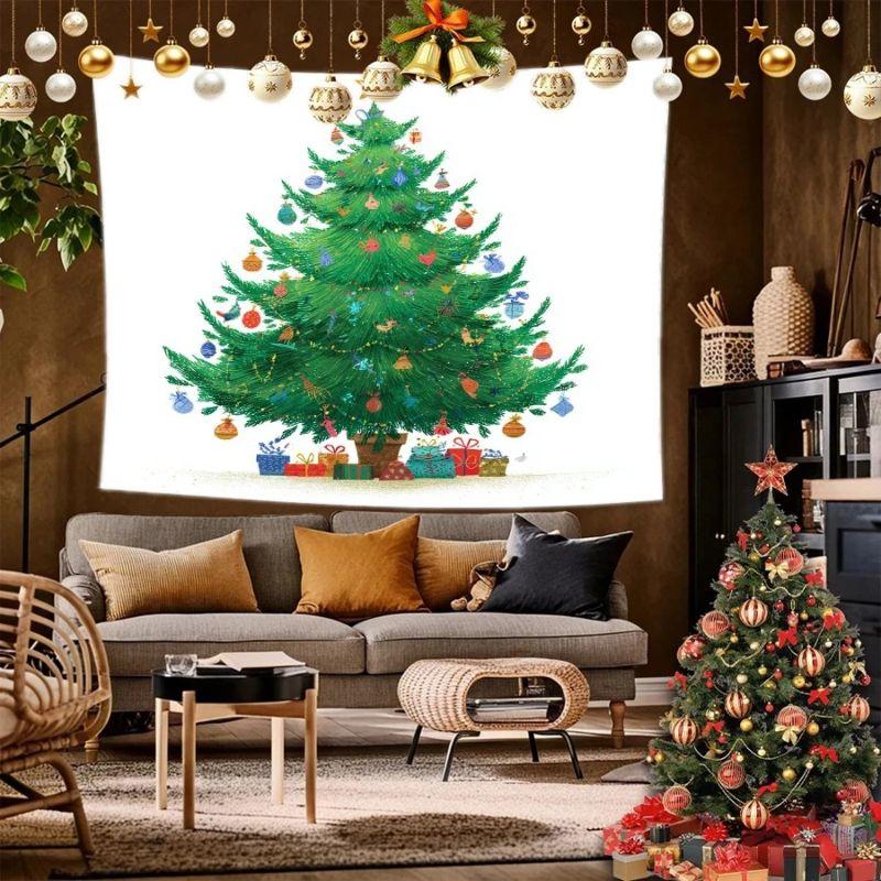 Christmas Tree Ornament Wall Tapestry White Background Red Gold Ball Star Hanging Decoration Aesthetic Holiday Home Decor
