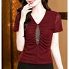 Summer Sexy V-neck Luxury Hot Diamonds Women’s T-Shirt Fashion Slim Mesh Short Sleeve Tees Brand Ladies  All Match Tops