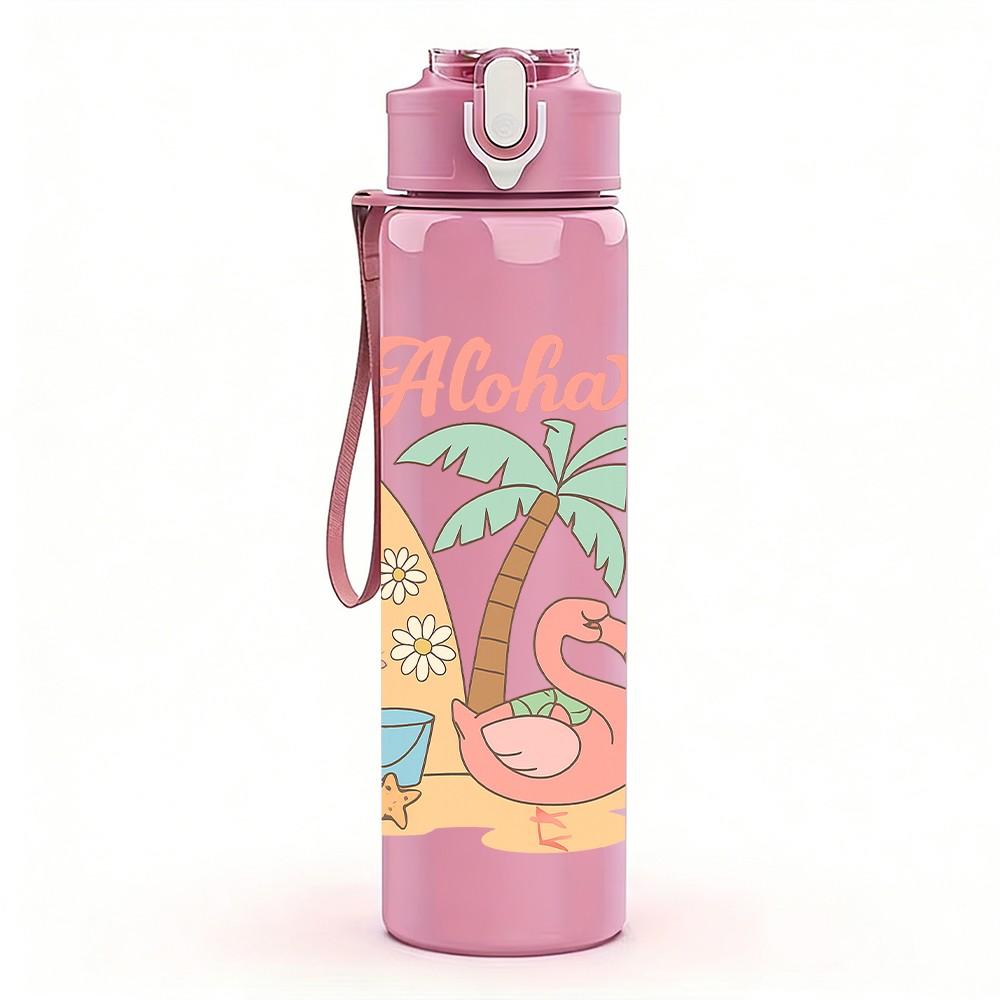 1PC Aloha Palm Surfboard Print 750ml Color Plastic Sports Water Bottle Leakproof Flip Straw Lid Suitable for Sports Office Home Use