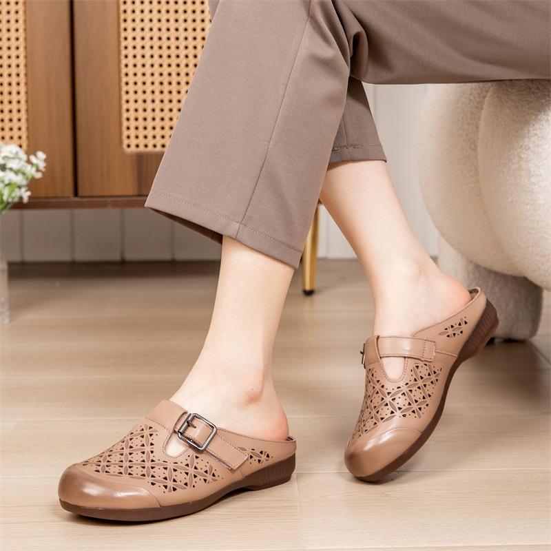 Fashion GKTINOO Summer Women's Slippers Genuine Leather Mom Shoes Hollow Flat Heel Slippers For Women Retro Sandals Female Shoes