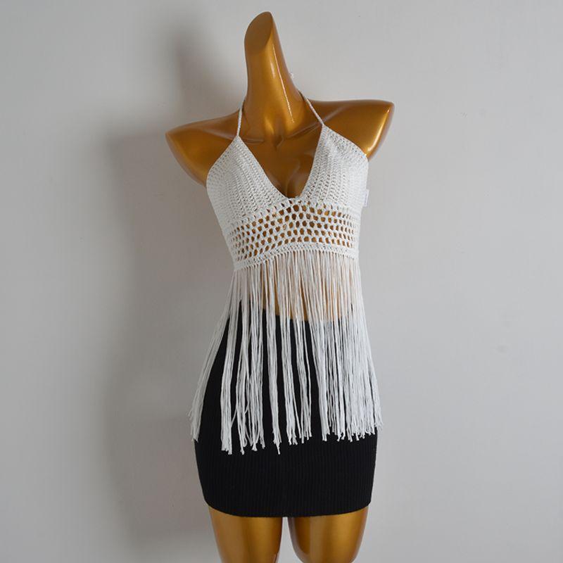 

Summer Women s Beach Vacation Style Sexy Sexy Fringe Halterneck Knitted Small Tank Top Vest Cut Out Smock Top Picture color S