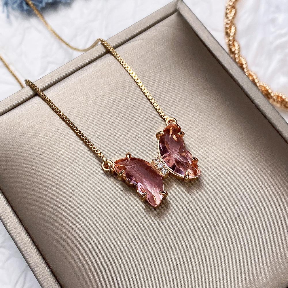 Dream Crystal Butterfly Necklace Gradual Change Glass Colored Treasure Pendant Collarbone Chain Female