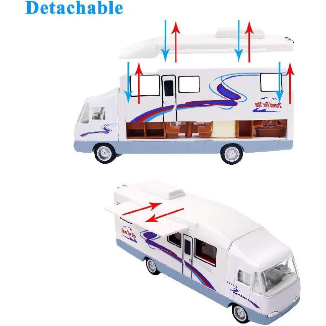 HAPTIME Cool Mini Motorhome Toy Die-cast Car Pullback Recreational Vehicle Pull Back RV with DIY Furnitures Holiday Camper Van Model for Kids