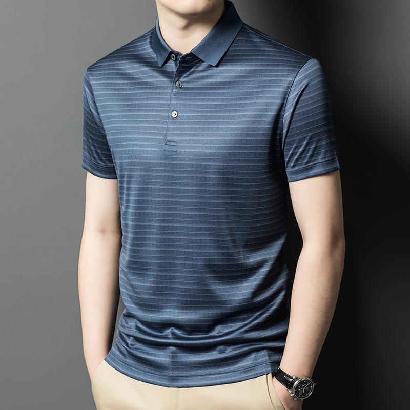 

Летняя новая брендовая мужская футболка с коротким рукавом, повседневная мужская футболка с коротким рукавом из чистого шелка с полосатым лацканом 4XL