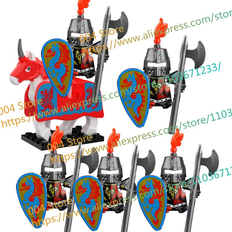 N501U-504U Medieval Castle Knight Building Blocks Figures Four Side UV Printing King Warhorse Weapons Accessories Toys Kid Gifts