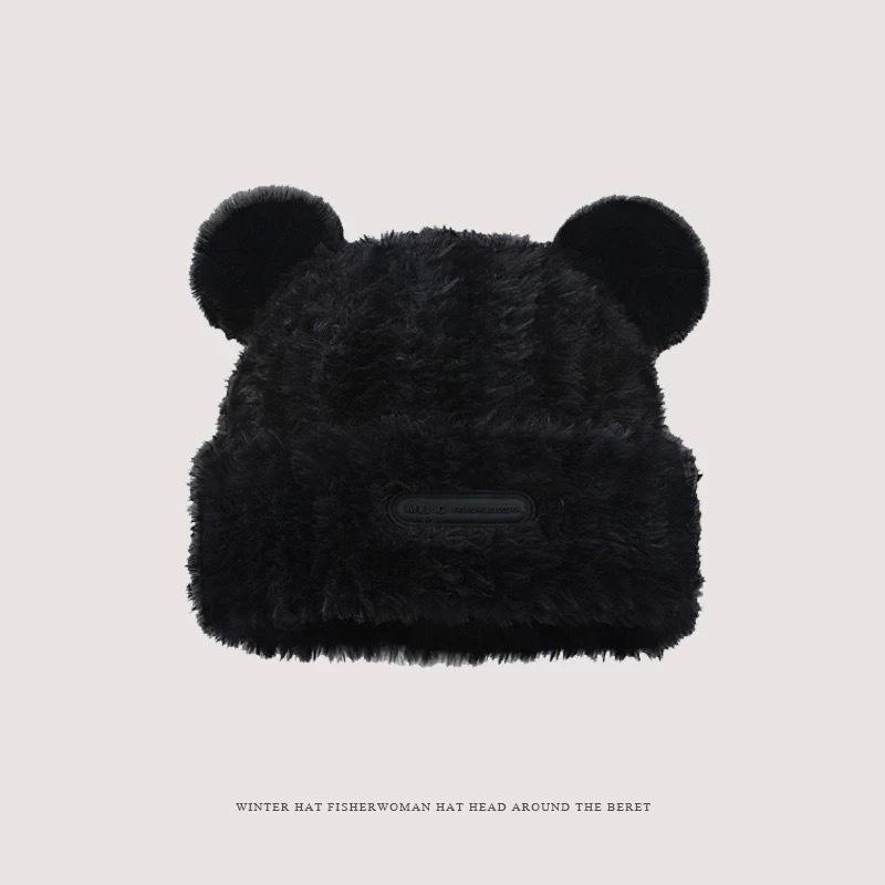 2025 Winter Cute Plush Earflap Knitted Bear Hat for Women - Korean Style Woolen Hat