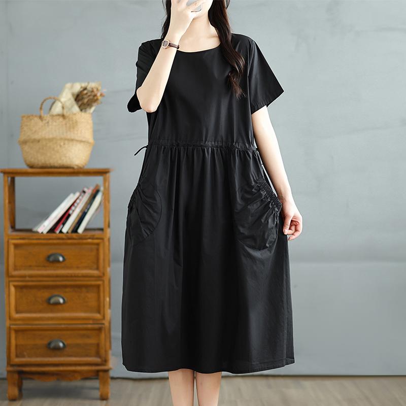 DIMANAF New 2025 Plus Size Summer Dress Women Basic Solid Casual Short Sleeve Dress Loose Pockets