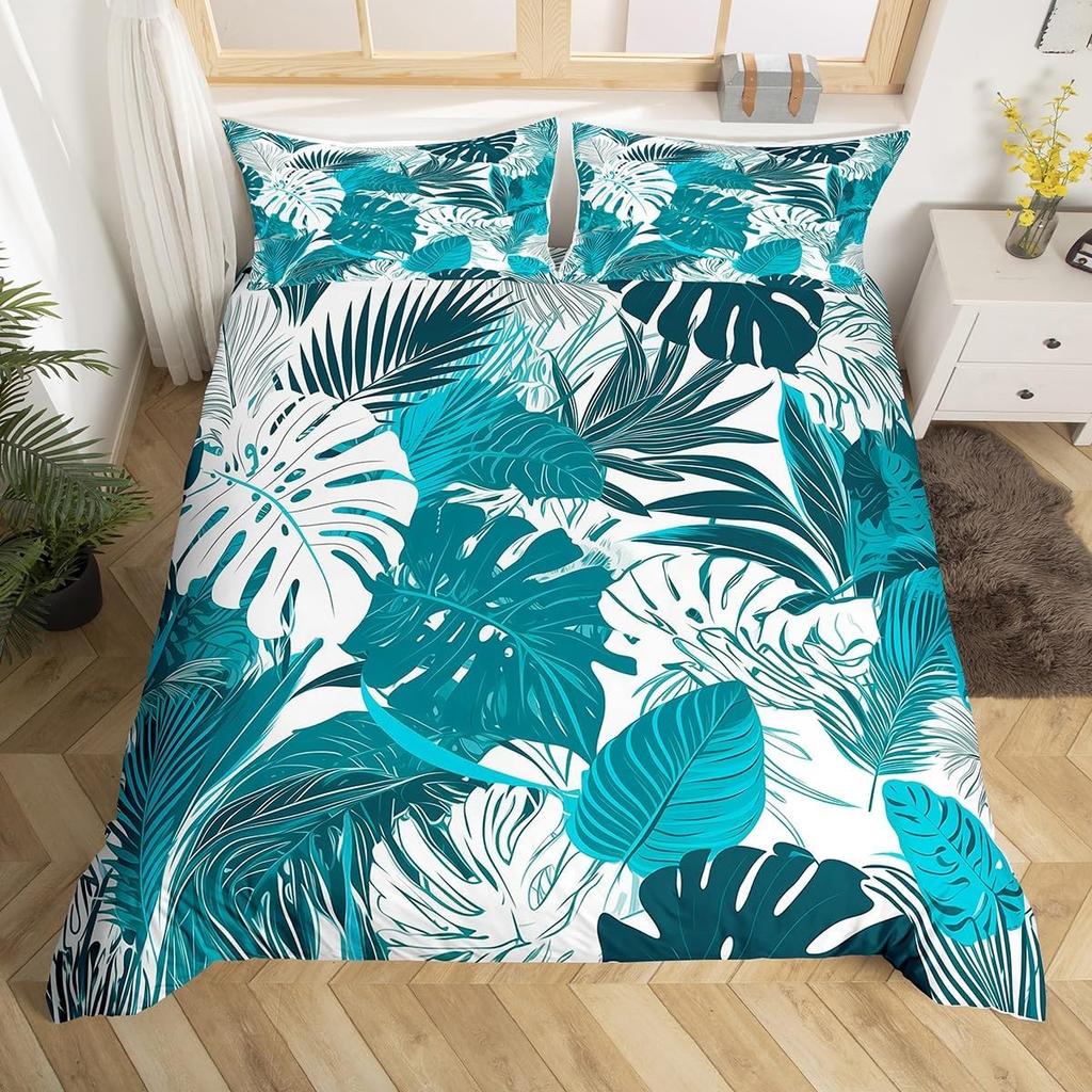 Tropical Botanical Duvet Cover Gold Palm Tree Leaf Comforter Cover King Jungle Nature Theme Watercolor Plant Leaves Bedding Set