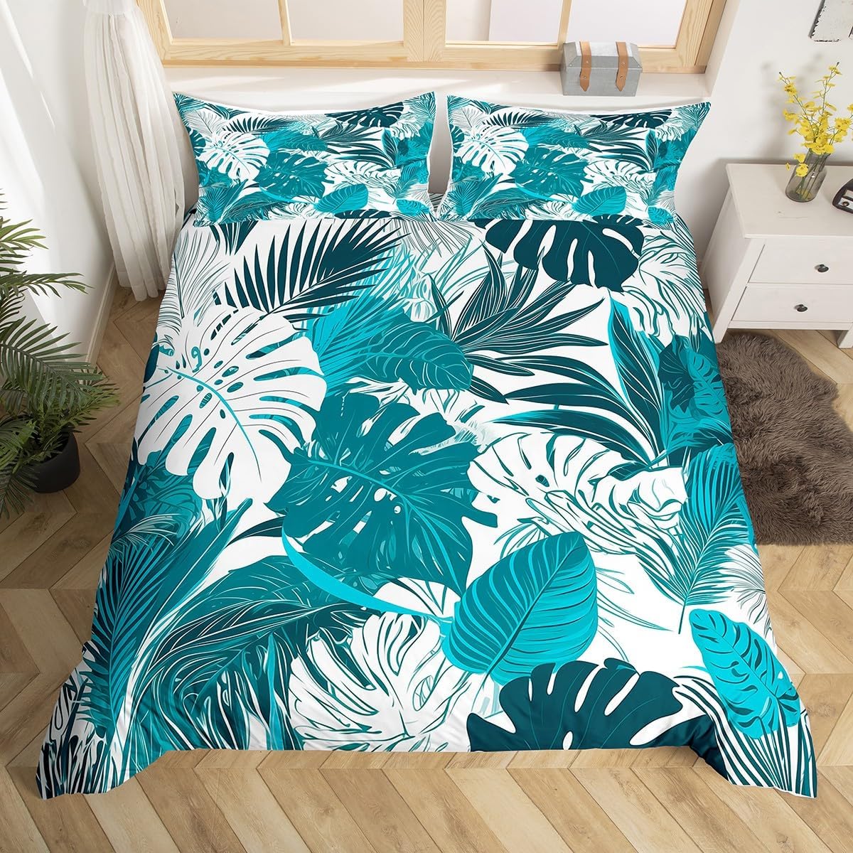 

Tropical Botanical Duvet Cover Gold Palm Tree Leaf Comforter Cover King Jungle Nature Theme Watercolor Plant Leaves Bedding Set EU Single(135x200cm)