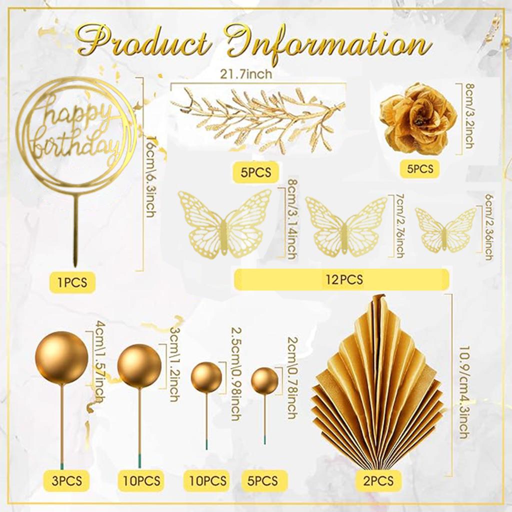 53 Stück Blumendeko für Kuchen Goldkugeln Dekorationen Boho Deko Schmetterling Geburtstag Hochzeit Babyparty Party Dekoration