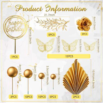 53 Peças Toppers de Flores para Bolo Decorações de Bolas Douradas Topper Boho Borboleta Aniversário Casamento Chá de Bebê Decoração de Festa