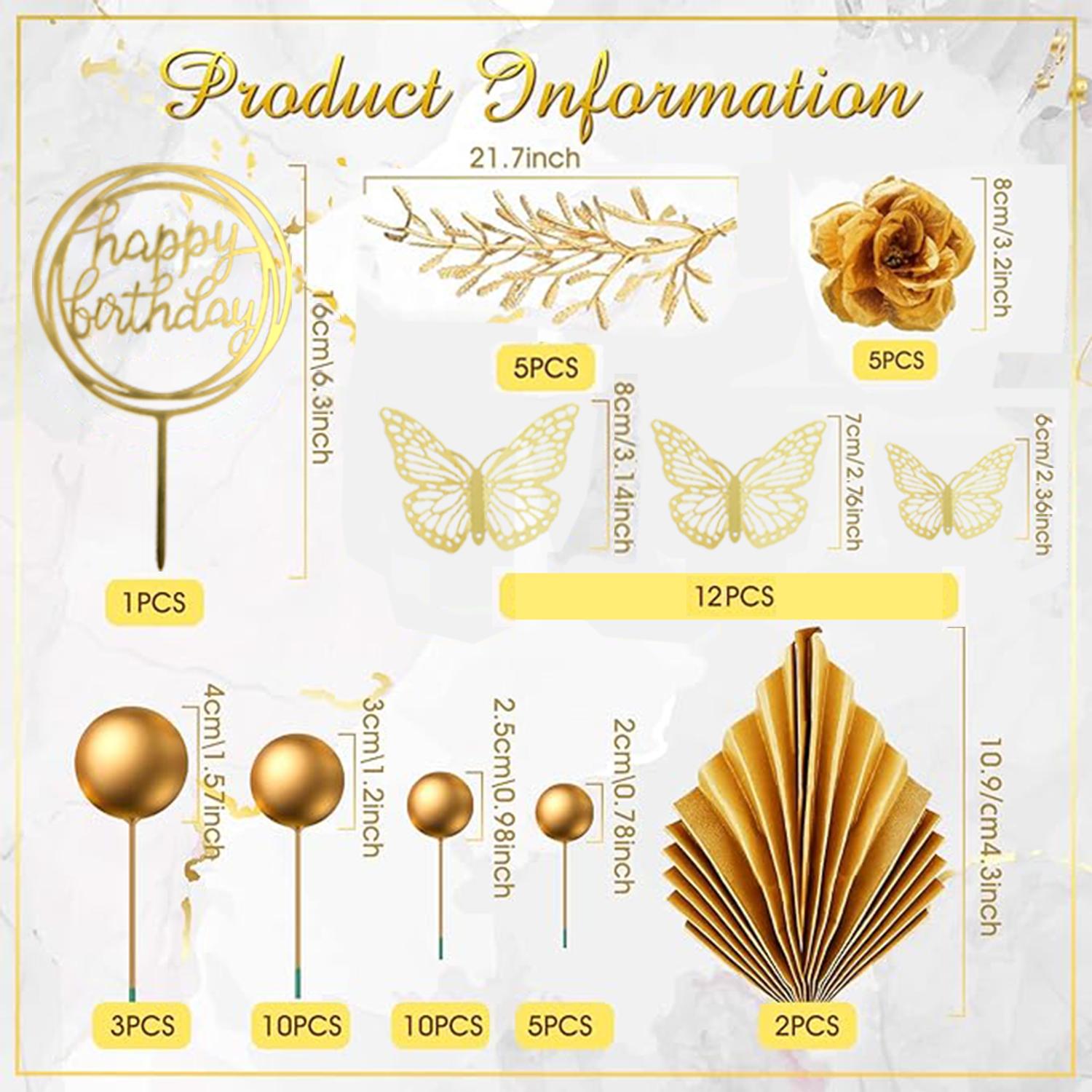 53Pcs Flower Toppers for Cake Gold Balls Decorations Boho Topper Butterfly Birthday Wedding Baby Shower Party Decoration