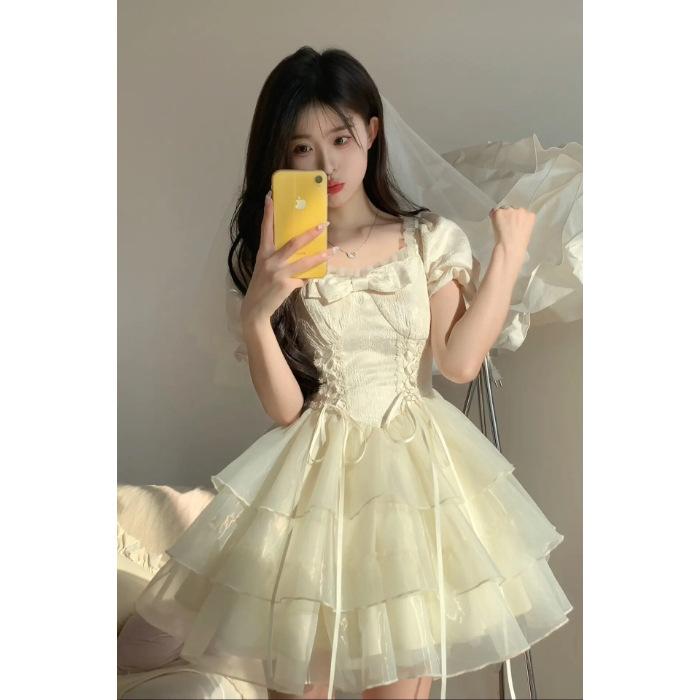 Large size summer bow jacquard fairy temperament fashion dress women's clothing on the run princess puffy skirt
