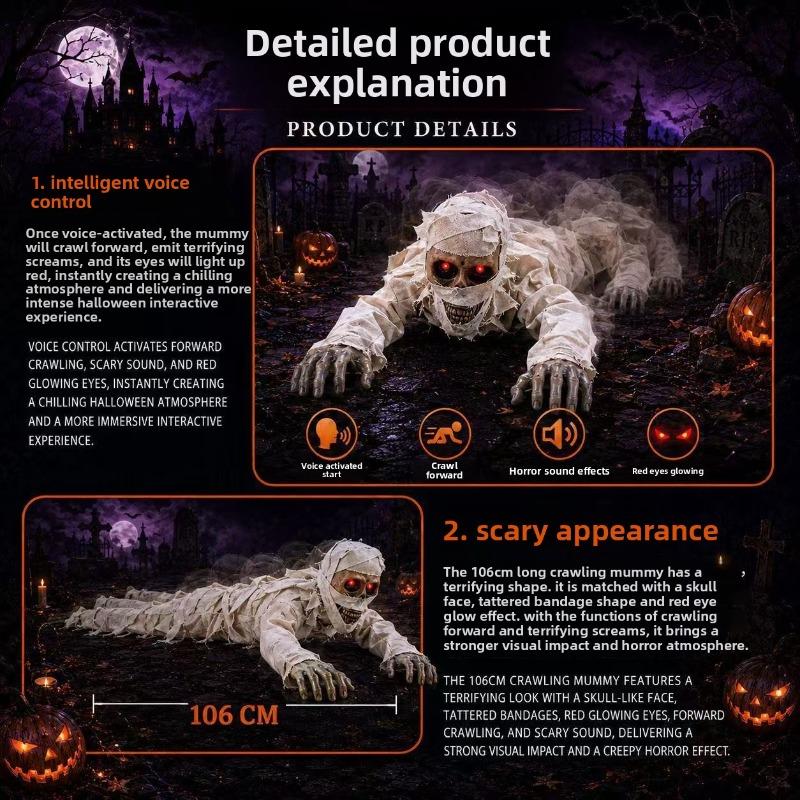 Scary Crawling Mummy Figurine With LED Red Eyes Halloween Indoor Home Decor Creepy Animated Zombie Prop Holiday Party Ornament