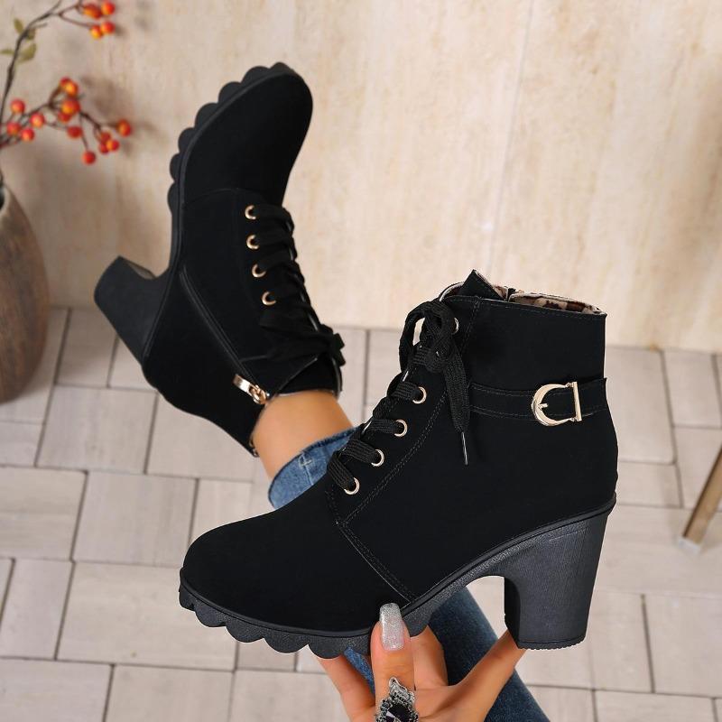 Women's Wide Width Round Toe Ankle Boots - Lace-Up High Heel Martin Boots for Fall/Winter, Fashion Casual Boots