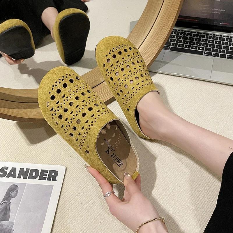 Fashion Baotou Hollow Out Fretwork Suede Leather Solid Concise Half Slippers Women Round Toe Pull on Muller Beach Shoes Females