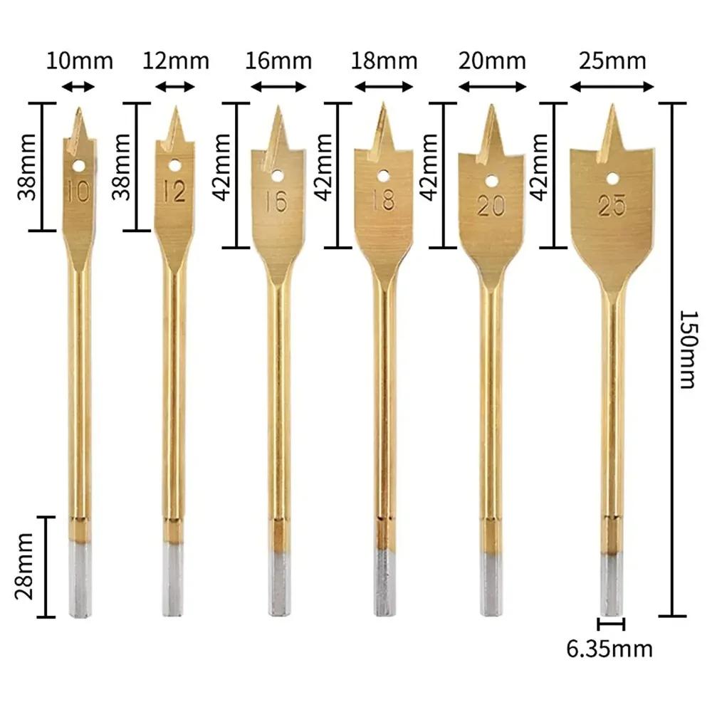 6pcs Woodworking flat Drill Bit 10mm 12mm 16mm 18mm 20mm 25m Steel Spade Drill Bits Woodworking Hex Shank Wood Drilling Tool