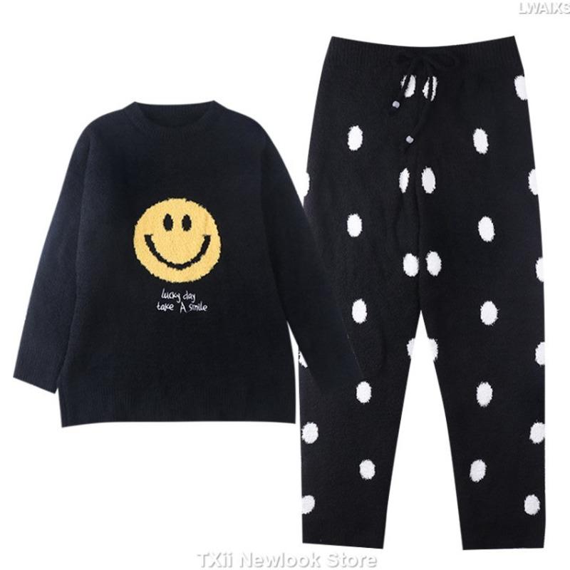 Women's Soft Black Smiling Face Pajamas Casual Couple Home Clothes Autumn and Winter New Style