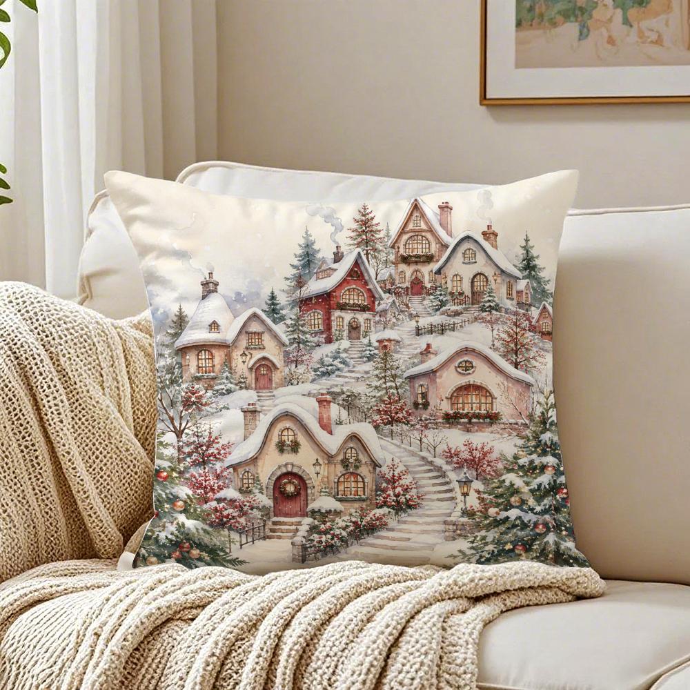 Christmas Village Winter Snowy Houses Cushion Cover Short Plush Pillow Case Machine Washable Wrinkle-Resistant Soft Durable