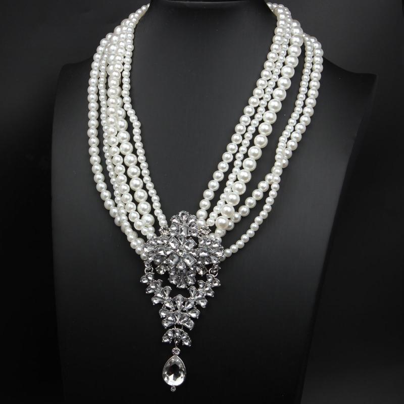 Multi-layer Pearl Crystal Gemstone Water Drop Pendant Short Collarbone Necklace Exaggerated Fashion Women's Jewelry