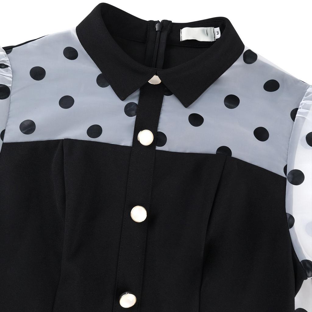 Elegant Long Sleeve Dresses 2026 Polka Dot Printed Buttons Sheath Package Hips Mid Calf Dress