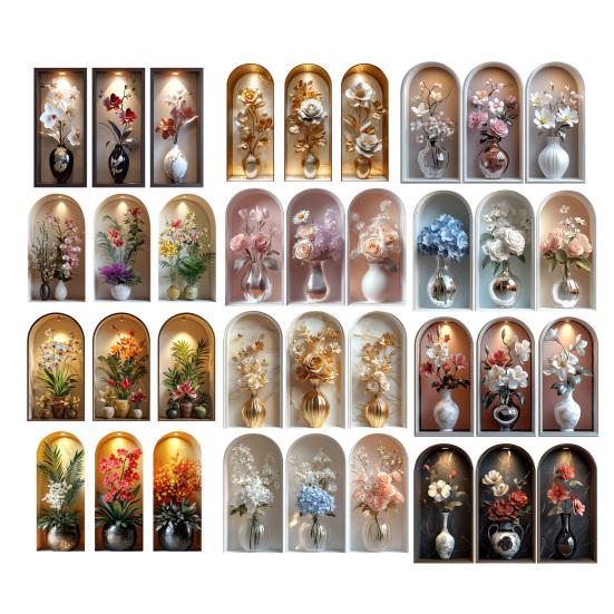 3 Pcs 3D Wall Vase Flower Wall Stickers Vintage Art Self-Adhesive Colorful