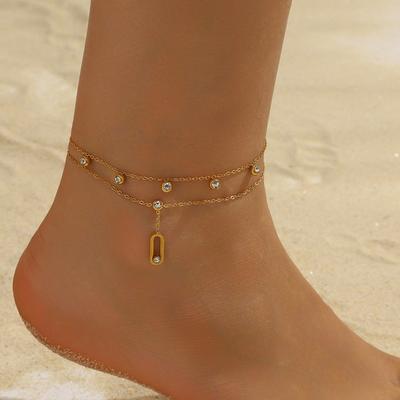 Gold Plated Double Layer Anklet with CZ Beads Paperclip Pendant, Dainty Adjustable Foot Chain for Women, Summer Beach Jewelry