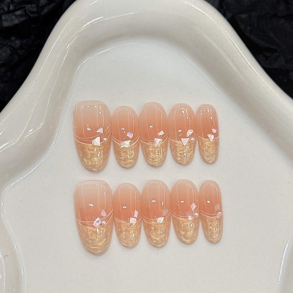10Pcs Golden Beach Cat Eye Short Oval False Nails With Carved White Flowers Summer Artificial Manicure Patches For Women